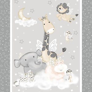 May include: A charming illustration of winged animals including a giraffe, elephant, lion, meerkat, leopard, and hippo, set against a grey backdrop with stars and a crescent moon. The image evokes a nursery theme, with soft colours and a dreamy quality.