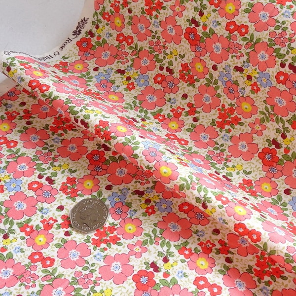 Rose & Hubble- 100% Cotton Poplin- White And Coral Floral Print- 112cm / 44" Wide- 7.99mt