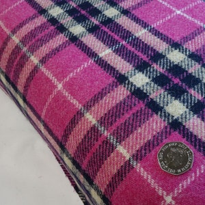 May include: Close-up of a bright pink plaid fabric with navy, cream, and white intersecting lines. The fabric has a textured appearance. A coin rests on the fabric, providing a size reference.
