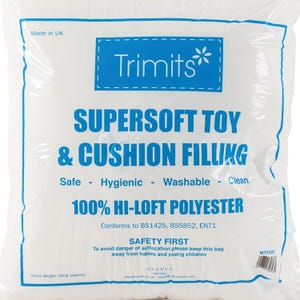 May include: A white plastic bag of Trimits Supersoft Toy & Cushion Filling. The bag features blue text that reads "Safe - Hygienic - Washable - Clean" and "100% Hi-Loft Polyester". The bag also includes a warning about suffocation.