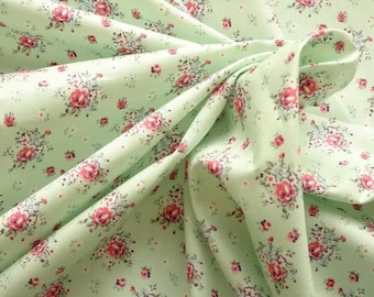 100% Cotton - Vintage Floral Print - Green - 112cm/44" Wide - Green Background With Pink Roses - 7.99mt