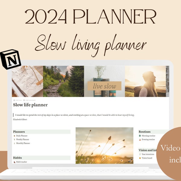 Slow Living 2024 Planer, Notion Planer Vorlage, Digital Planer, Bearbeitbare Vorlage, Ästhetische Notion Vorlage