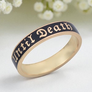 Black Enamel &quot;Until Death&quot; Sterling Silver Ring - Gothic Wedding Band