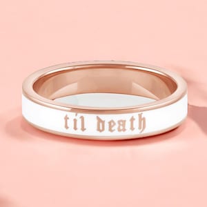 4.5mm Women Couple Ring, Til Death White Enamel Band Ring, Rose Gold Band, Anniversary Ring, 925 Sterling Silver, Stacking Band, Women Gift