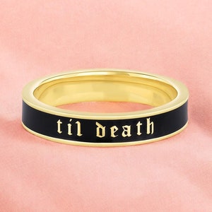 Til Death Black White Enamel Band Ring, 4mm Wide Personalized Band, Anniversary Wedding Ring, 925 Sterling Silver, Stacking Band, Gift Her