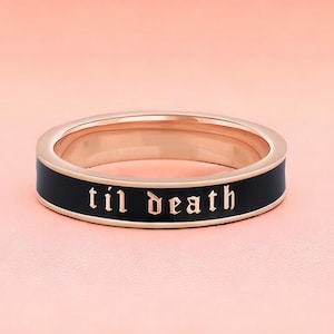 4mm Wide Til Death Black White Enamel Band Ring, Personalized Band, Anniversary Wedding Ring, 925 Sterling Silver, Stacking Band, Gift Her