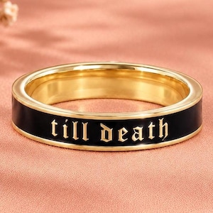Till Death Ring, Black Enamel Wedding Band, 14K Yellow Gold & 925 Sterling Silver, Gothic Couple Ring, Personalized Anniversary Gift