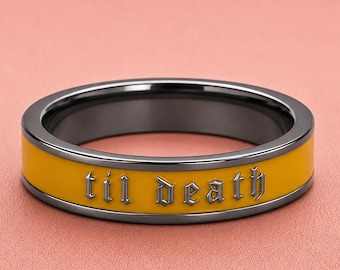 Alianza de boda gótica, anillo de plata de ley con esmalte amarillo "Hasta la muerte"