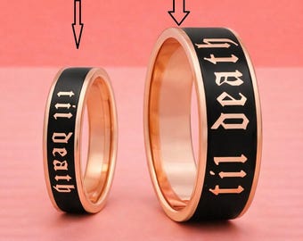 Set di anelli per coppia "Til Death" da 6 mm e 4 mm - Fascia in smalto bianco e nero, anelli personalizzati per anniversario di matrimonio, argento sterling 925