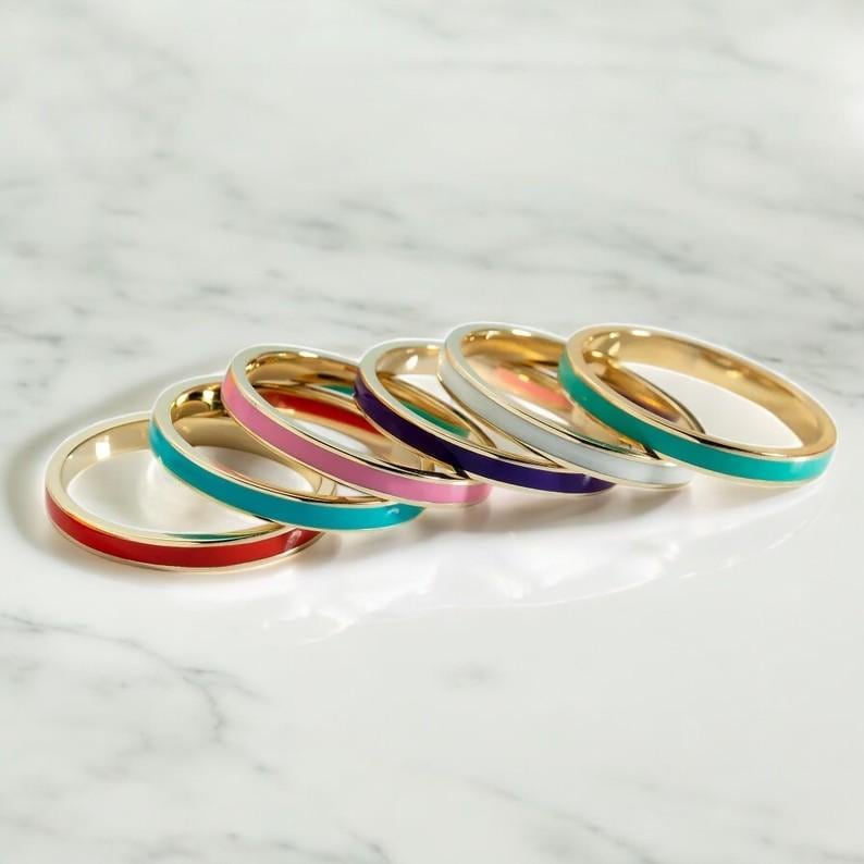 Enamel Sterling Silver Band Ring: Red & Blue Ceramic, Minimalist ...