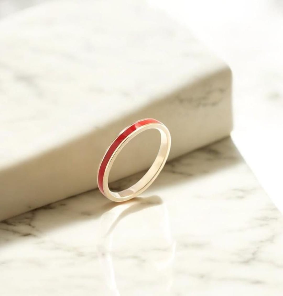 Enamel Sterling Silver Band Ring: Red & Blue Ceramic, Minimalist ...