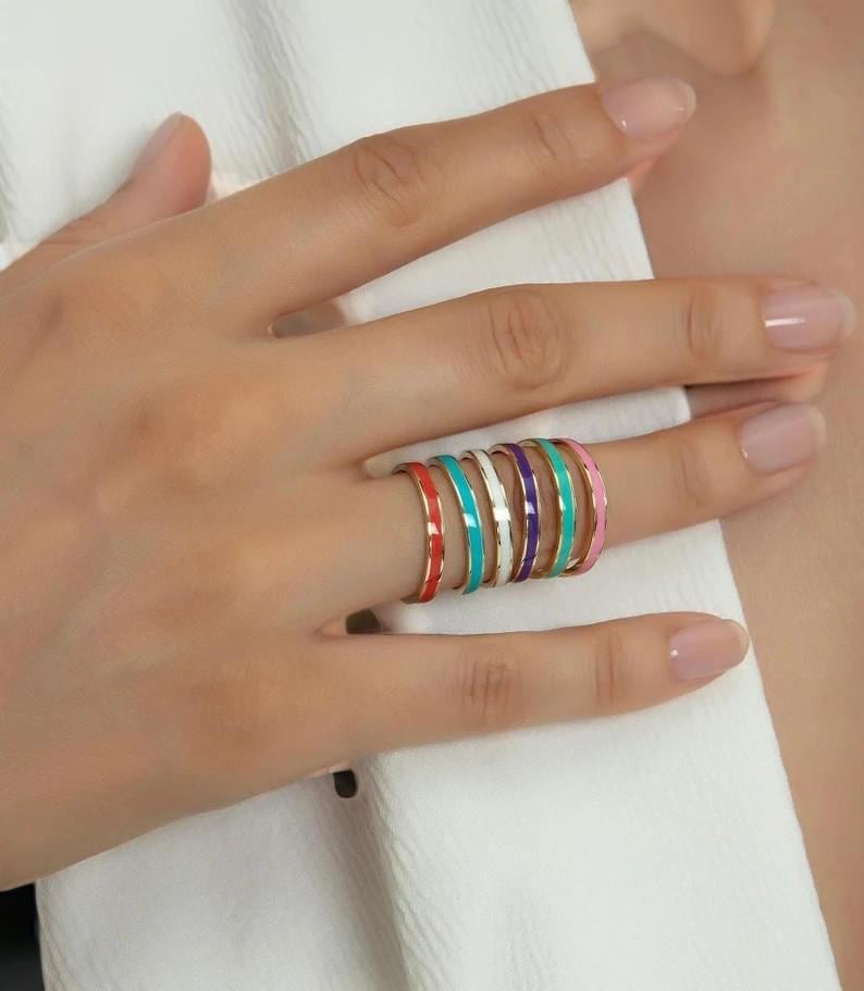 Enamel Sterling Silver Band Ring: Red & Blue Ceramic, Minimalist ...