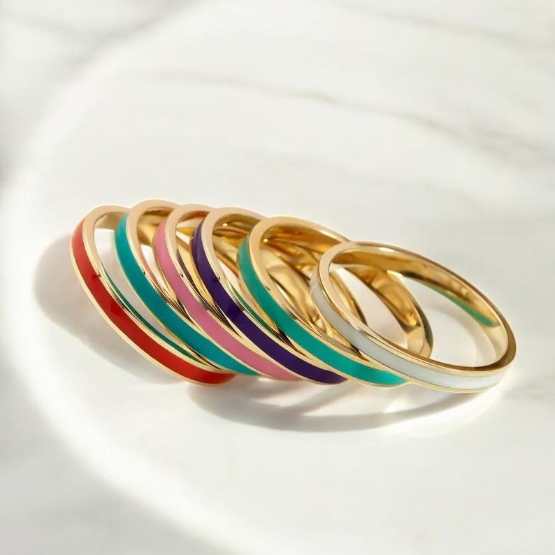 Enamel Sterling Silver Band Ring: Red & Blue Ceramic, Minimalist ...