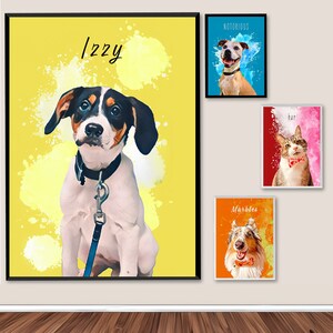 May include: A collection of framed pet portraits. The largest features a dog named Izzy on a yellow background. Other portraits include a dog with the word "Notorious", a cat with the word "har", and a dog named "Marbles".