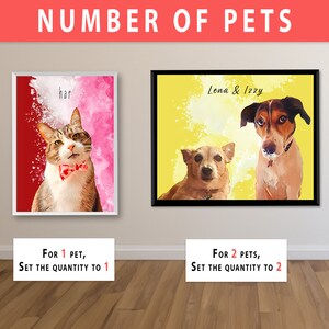 May include: Two framed pet portraits, one with a cat wearing a bow tie and the other with two dogs. The text "NUMBER OF PETS" is at the top. Below the portraits are instructions to set the quantity to 1 or 2.