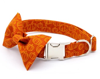 Pumpkin Fall Dog Collar with Bowtie, Orange Autumn Personalized Embroidery with Pumpkin Print, Thanksgiving Small Cute, Pet Lovers Gift