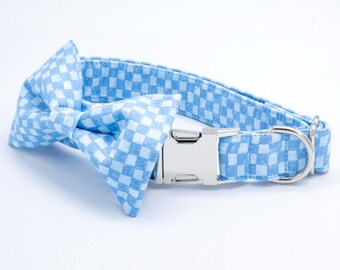 Blue Checkered Pet Collar & Bowtie: Personalized Cotton Dog or Cat Collar, Metal Buckle