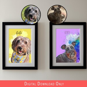 May include: Two framed dog portraits. One features a brown dog with a yellow background and the name "Gigi". The other shows a black dog with a purple background and the name "Gerti". Both are digital downloads.