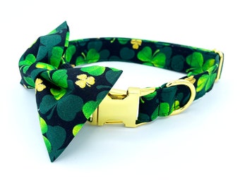 Personalized St Patricks Day Dog Collar & Bowtie, Metallic Gold Clover Pet Collar, Custom Lucky Pet Neck Wear, Optional Matching Bowtie