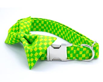 Green Checkered Pet Collar with Bowtie: Personalized Spring Dog or Cat Collar, Metal Buckle