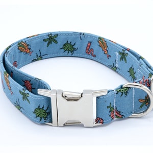 Personalized Designer Dog Collar Bug Print, Small & Large Dog Collar Dog Lover Gift, Blue Boy Collar, Cat Bug Collar, Embroidery, Critters
