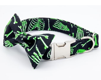 Skeleton Halloween Dog Collar Bright Orange, Cat Halloween Collar with Bow, Cute Skeleton, Glow In The Dark, Embroidered, Halloween Bowtie