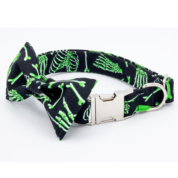 Skeleton Halloween Dog Collar Bright Orange, Cat Halloween Collar with Bow, Cute Skeleton, Glow In The Dark, Embroidered, Halloween Bowtie