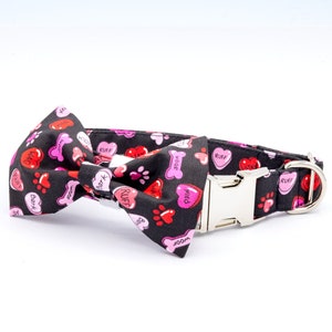 Valentines Day Dog Collar with Bow Tie, Valentines Day Cat Collar, Personalized, Pink Hearts Paws and Bones, Hearts Dog Collar