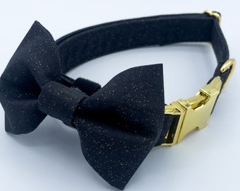New Years  Dog Collar | Black & Gold Pet Collar Bowtie |  Personalized Dog and Cat Collar with Embroidered Name |  Holiday Pet Gift