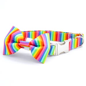 Pride Striped Dog Collar & Bowtie Set, Dog Collar LGBTQ Rainbow, Lesbian, Rainbow Designer Dog Collar, Cat Pride Collar, Colorful