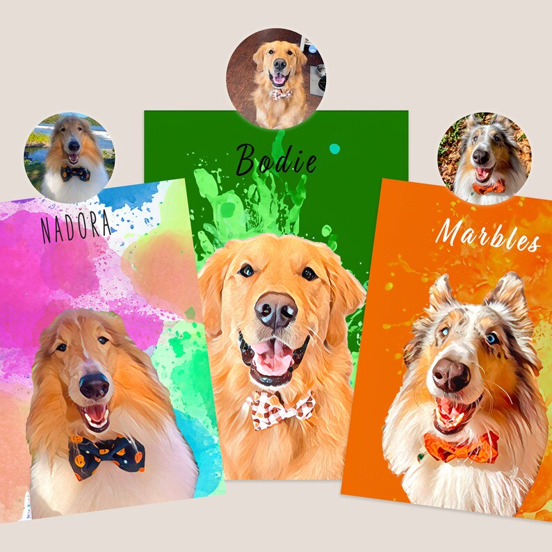 May include: A collection of colorful pet portraits featuring dogs with bow ties. Each portrait has a unique background color and the dog's name. The dogs are a Golden Retriever and two Collie breeds. The portraits are digitally painted.