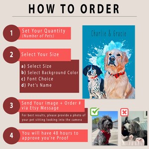 May include: An instructional graphic titled "HOW TO ORDER" with numbered steps. It features a watercolor portrait of two dogs, a Dalmatian and a Golden Retriever, with the names "Charlie & Gracie" above them. The steps guide the customer through the ordering process.