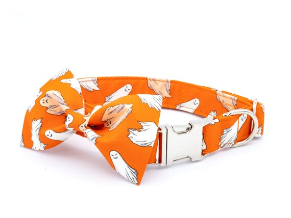Spooky Halloween Dog Collar Bright Orange, Cat Halloween Collar with Bow, Cute Ghosts Orange, Glow In The Dark Bowtie, Embroidered