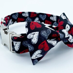 Personalized Valentine Day Dog Collar and Optional Matching Bowtie | Red White Hearts Cat Collar | Designer Dog Collar | Red Heart Collar