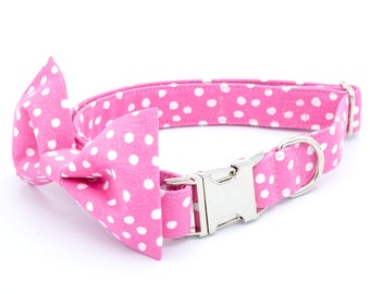 Pink Dog Collar with Embroidery & Bowtie, Cute Designer Pet Collar, Polka Dot, Personalized New Puppy Gifts, Dogs in Bowtie