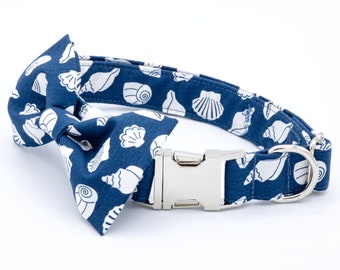 Coastal Dog Collar with Matching Bow, Seashell Boat Collar, Lake Life Dog, Personalized Embroidery, Ocean Beach, Sailboat Dog Bow