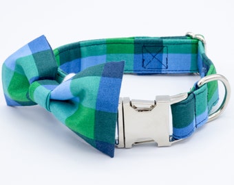 Spring Blue Plaid Dog Collar & Bowtie | Personalized Green and Blue Plaid Boy Dog Collar | Matching Collar and Bowtie | Designer Collar
