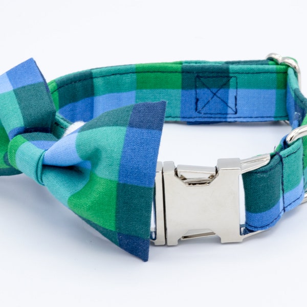 Spring Blue Plaid Dog Collar & Bowtie | Personalized Green and Blue Plaid Boy Dog Collar | Matching Collar and Bowtie | Designer Collar