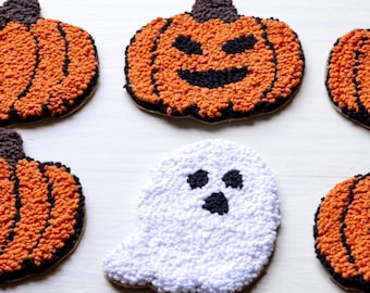 Pumpkin Mug Rug, Pumpkin Punch Needle Coaster, Ghost Coaster Punch Needle , Halloween Drink Coaster,  Thanksgiving Coaster, Jack-O-Lantern