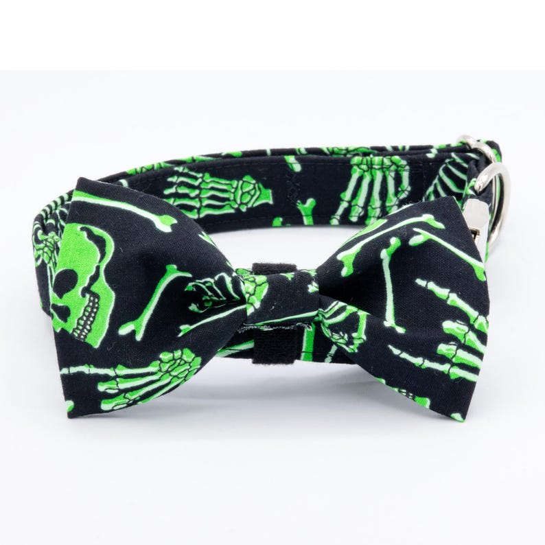 May include: A black dog collar with a green skeleton print and a matching bow tie. The bow tie has a skull design.