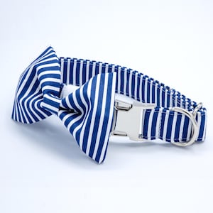 Navy Striped Dog Collar & Bowtie, Nautical Dog Collar, Personalized, Stripes, Boat Dog Collar, Matching Bowtie, Coastal, Cat Collar