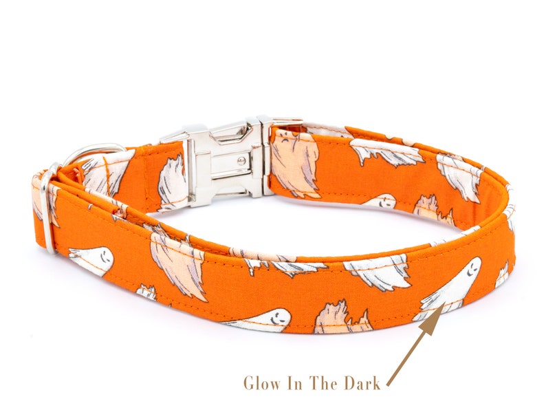 May include: Orange dog collar with a repeating pattern of white and tan ghosts. The collar has a silver metal buckle and a D-ring. The text "Glow In The Dark" is visible. A Halloween-themed accessory.
