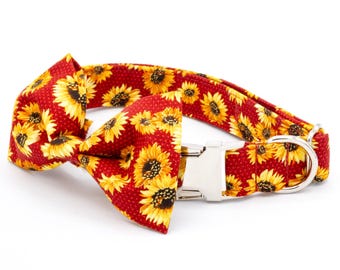 Sunflower Dog Collar with Embroidery, Fall Dog Collar, Designer Pet Collar with Floral Print, Cute Fabric Dog Collar, Dog Lovers Gift