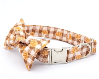Fall Dog Collar with Bowtie, Pumpkin Bowtie, Designer Pet Autumn Collar Pumpkin Plaid Print, Thanksgiving Cute Dog Collar, Pet Lovers Gift