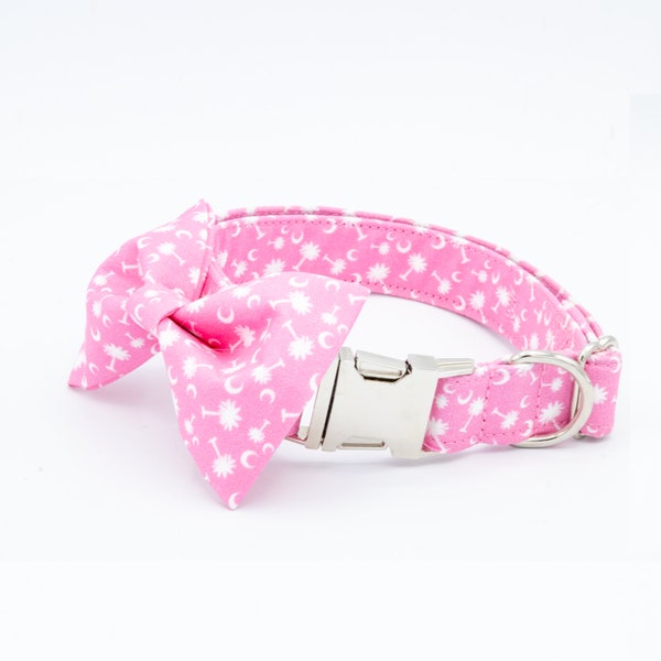 Palmetto Dog Collar and bow tie, Carolina Palmetto NC SC, Pink Girlie Dog Collar, Personalized Collar, Designer Dainty, Embroider Dog Collar