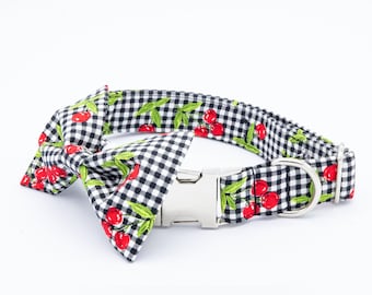 Personalized Cherry Print Dog Collar Embroidered | Cute Designer Pet Collar w/ Adjustable Strap | Girl Dog Collar for New Puppy Gifts
