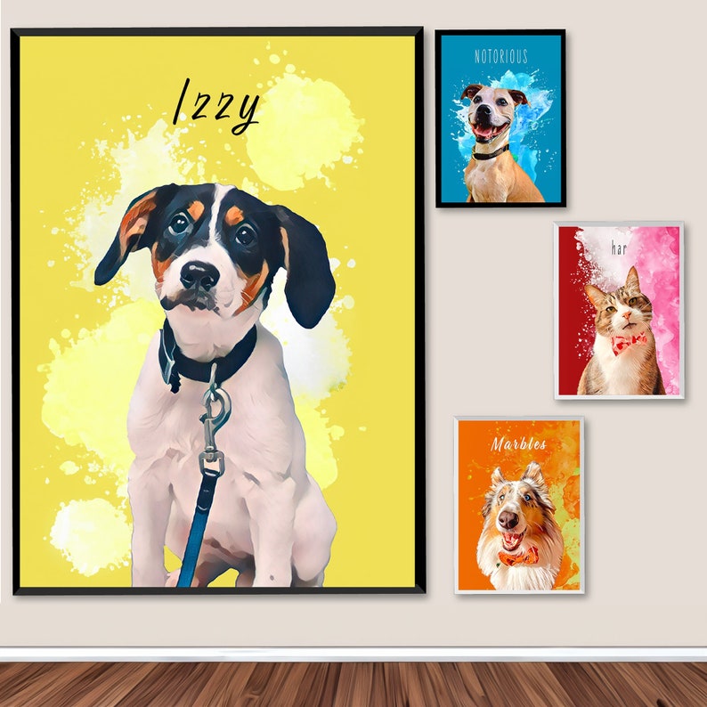 May include: A collection of framed pet portraits. The largest features a dog named Izzy on a yellow background. Other portraits include a dog with the word "Notorious", a cat with the word "har", and a dog named "Marbles".