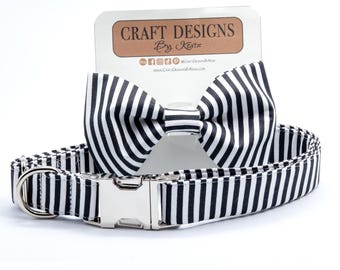 Striped Dog Collar with Bowtie: Personalized Preppy Dog or Cat Collar, Metal Buckle