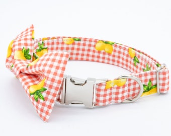 Summer Fruit Dog Collar Personalized, Cute Lemon Dog Collar, Girl Dog Collar Gingham, Embroidery, Summer Pet Collar, Pink Yellow Collar