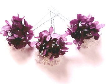 Plum Burgundy Wedding Hair Pins/ Fall Autumn Winter Bridal Hair Accessories/ Hydrangea dried flower hair pins/ Christmas hair pins